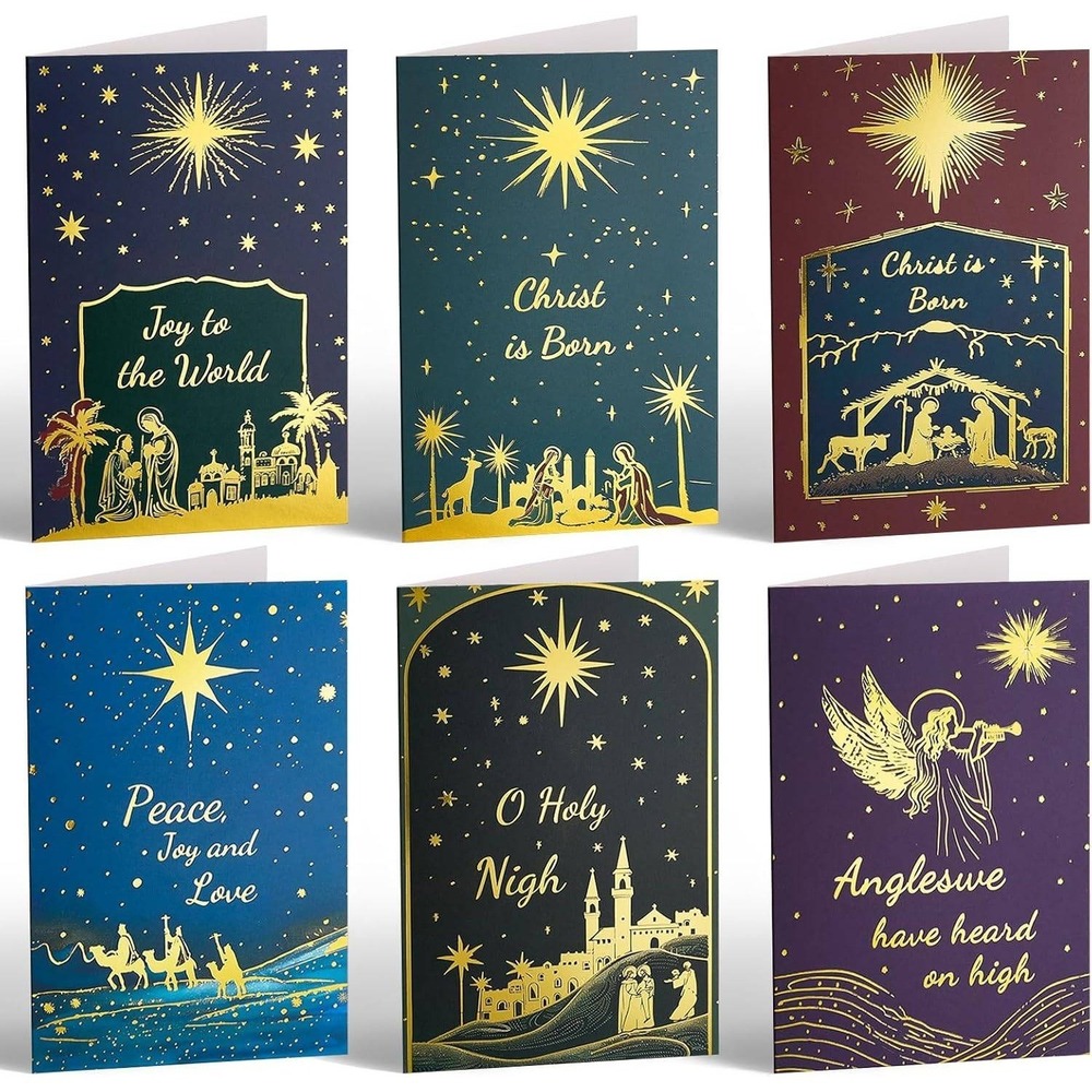 Christmas Cards Nativity Scene Angel Gold Foil Joy to World Peace Love Messages